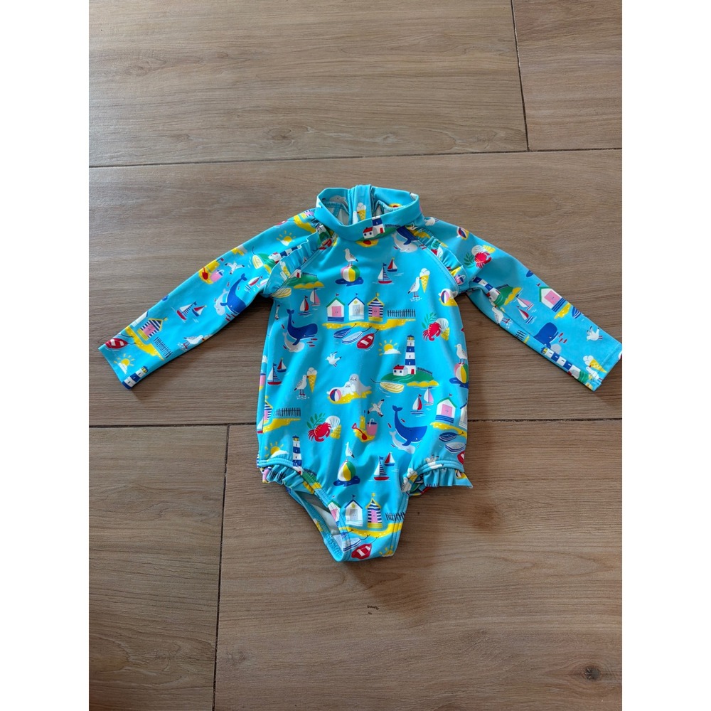 Baby Boden Blue Seaside Print Long Sleeve Rash Guard Swimsuit 6-9M Lighthouses‎
